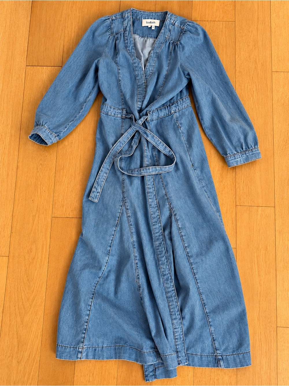 ba&sh Blue Denim Wrap Midi Dress with Self-Tie Belt XS
